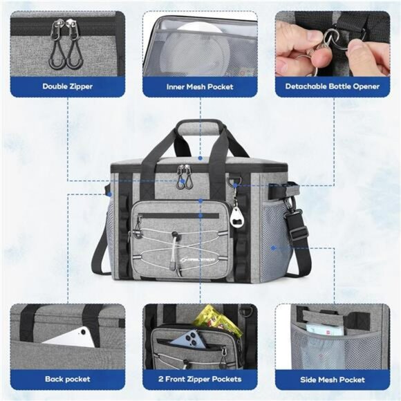 Large Soft Cooler Bag 30 Can Insulated Leakproof Beach Camping Travel Tote - Picture 4 of 7